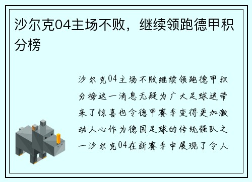 沙尔克04主场不败，继续领跑德甲积分榜